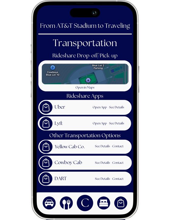 First Concerto design: transportation, with a rideshare pickup map around the venue