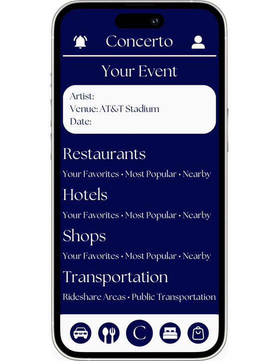 First Concerto design: a Your Event screen for a show at AT&T Stadium, with restaurants, hotels, shops and transportation