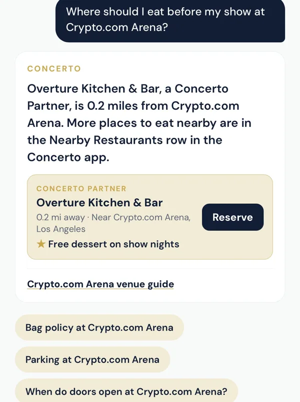 Concerto AI answering where to eat before a show at Crypto.com Arena, with the partner suggested first