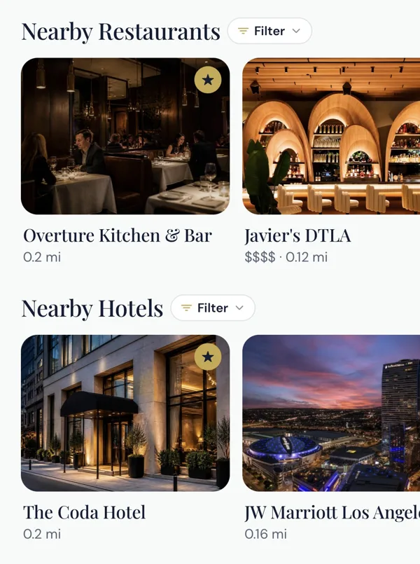 Concerto venue page with a sample partner, The Coda Hotel, first in Nearby Hotels